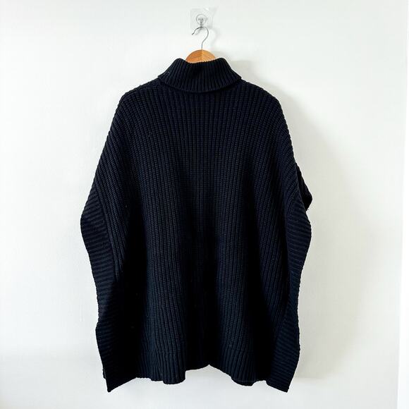 Kate Spade Cashmere Blend Faux Fur Pom Poms Front Turtleneck Poncho Black OS - Picture 4 of 9